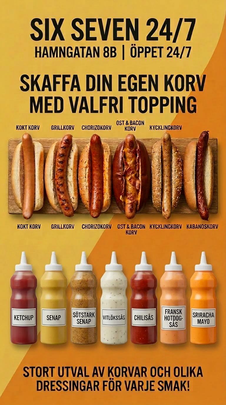 Six Seven 24/7 korvmeny — skaffa din egen korv med valfri topping